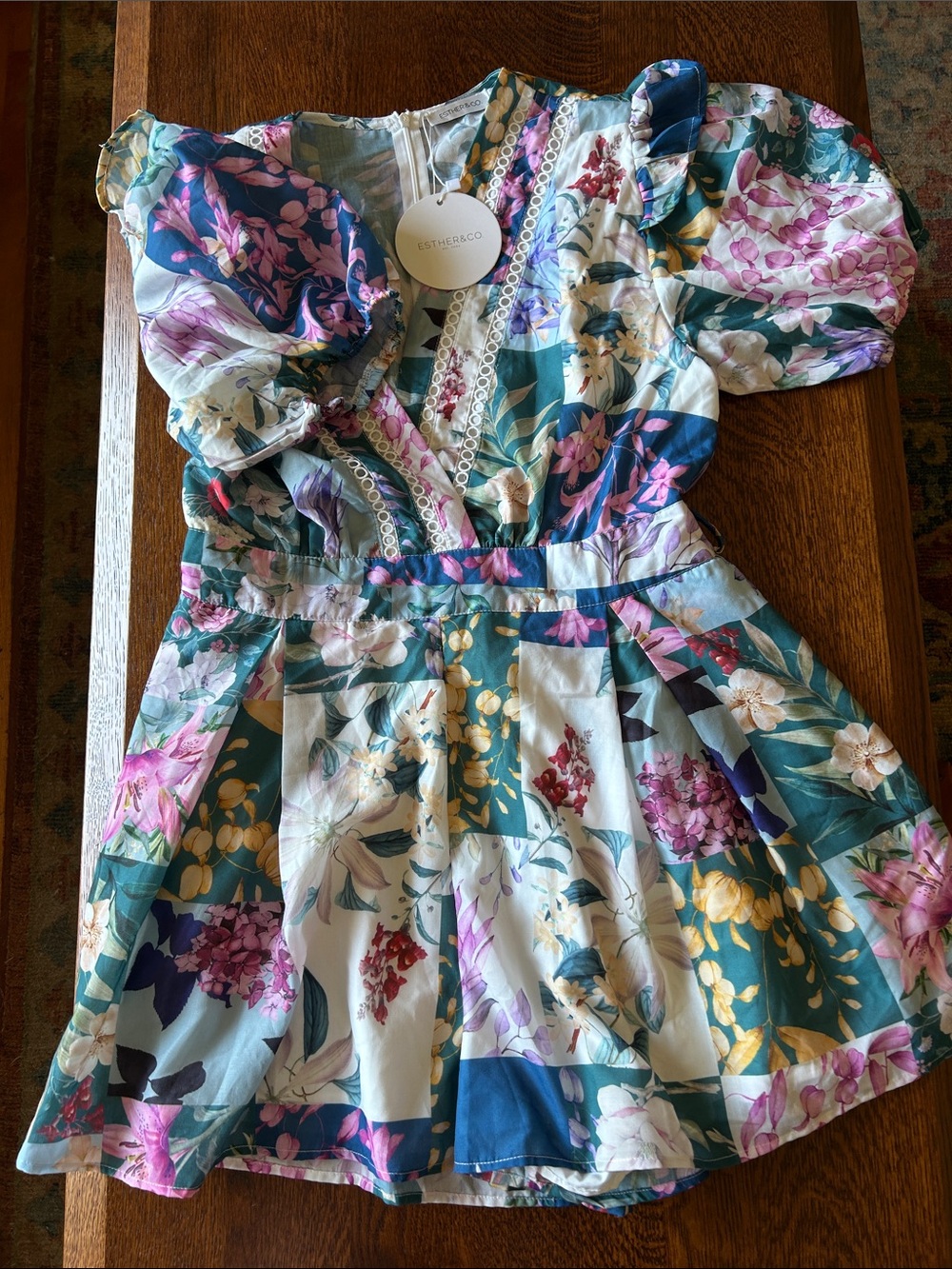 Floral Puff-Sleeve Romper in Teal & Multi (missing belt)